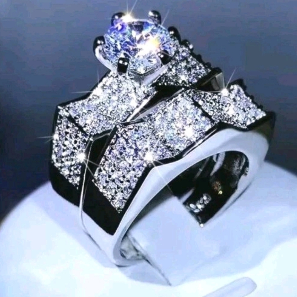 Women's 2pc Solid 925 Sterling Silver Lab Created Diamond Bridal Set SZ 9